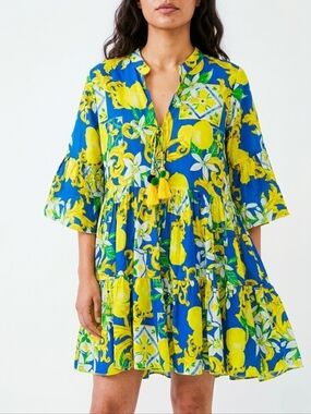 Mediterranean Lemon Print Tiered Tassel Mini Dress Flowy Greece Resort Boho S/M